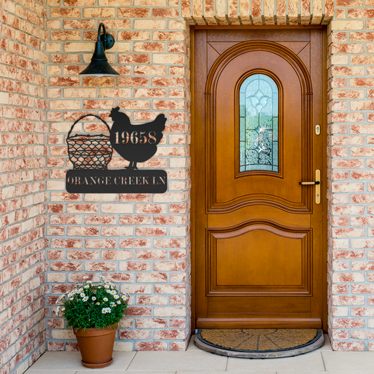 Chicken_House_Address_Metal_Sign_Black_Brick_Entrance_Mockup.png