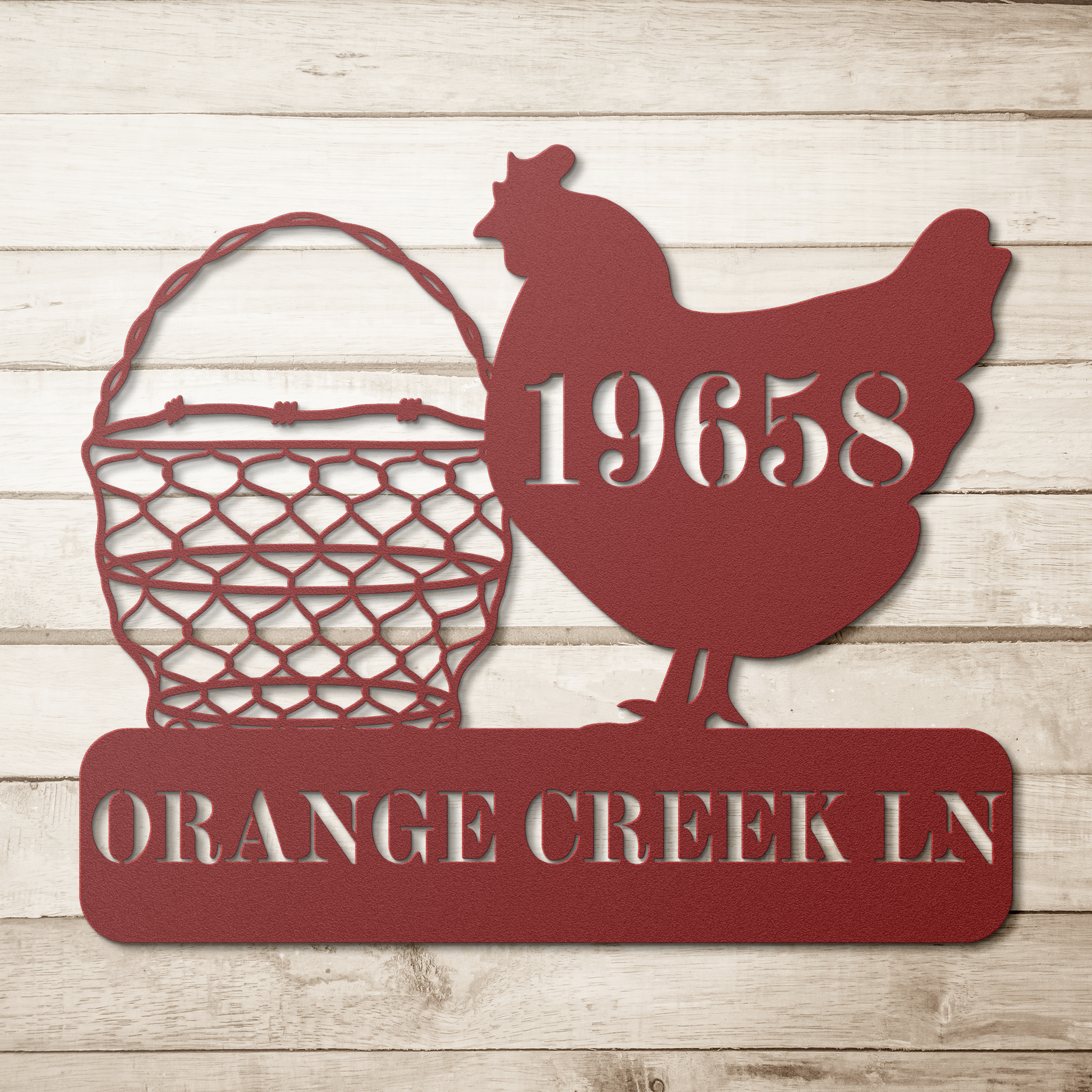 Chicken_House_Address_Metal_Sign_Red_Simple_Wood_BKGD_Mockup.png