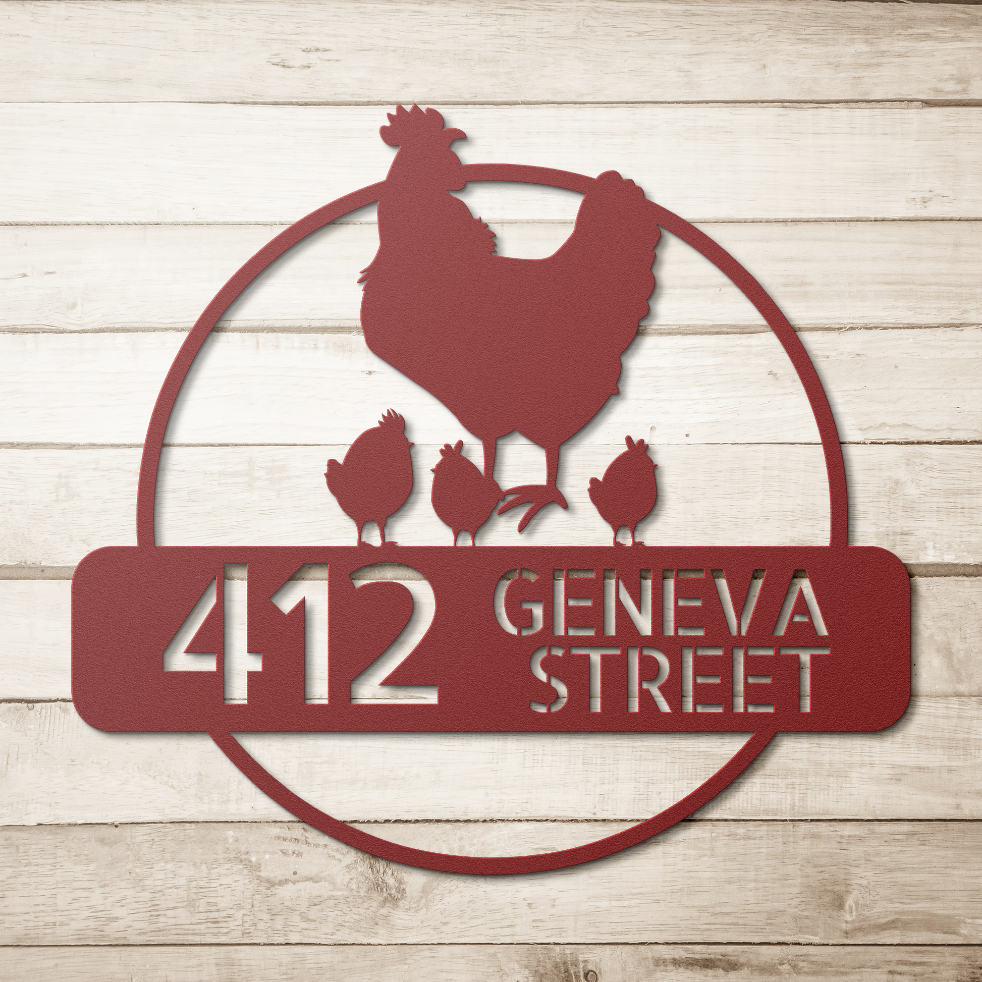 Chicken_House_Number_and_Street_Name_Met_Red_Simple_Wood_BKGD_Mockup.png