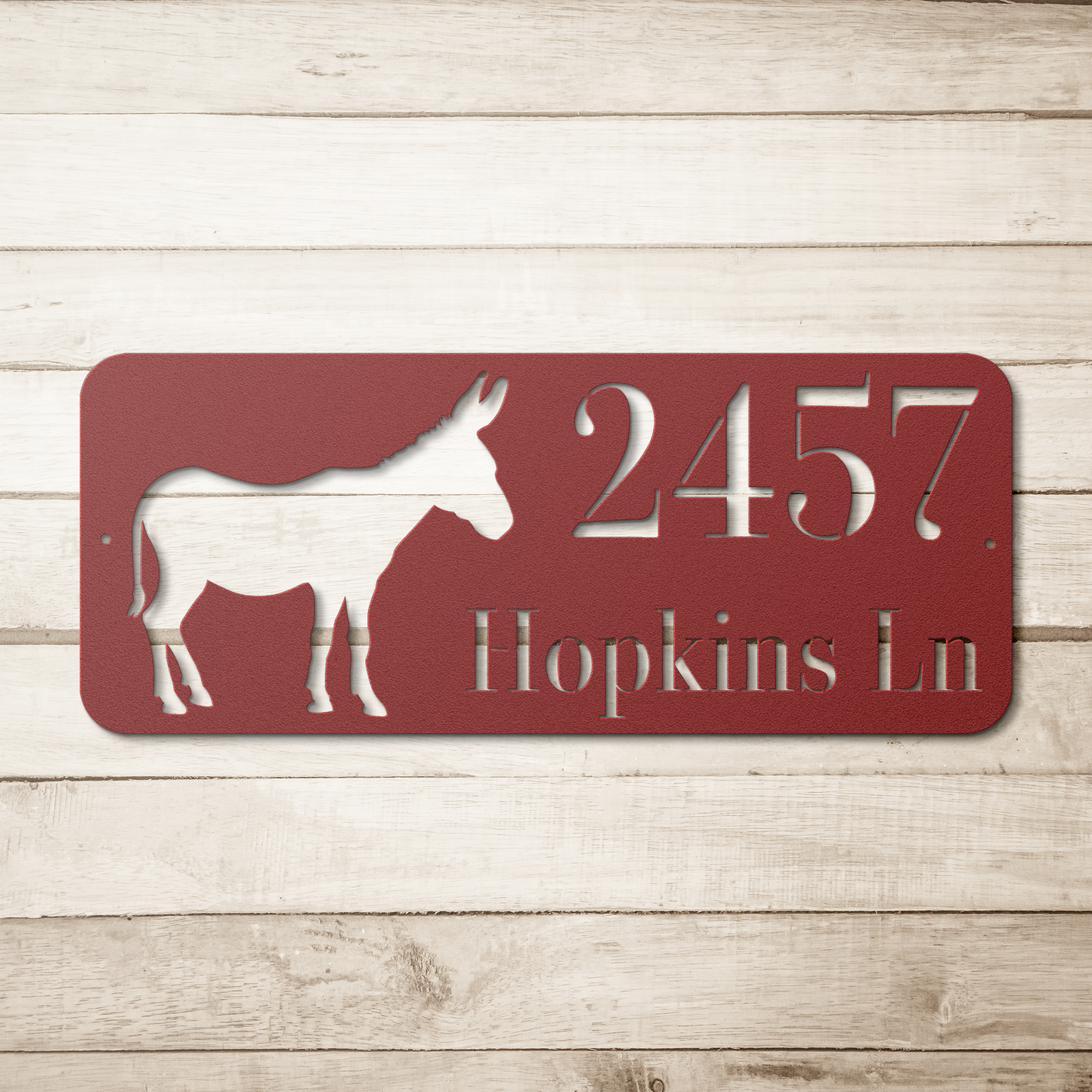 Donkey_Home_Address_Metal_Sign_Red_Simple_Wood_BKGD_Mockup.png