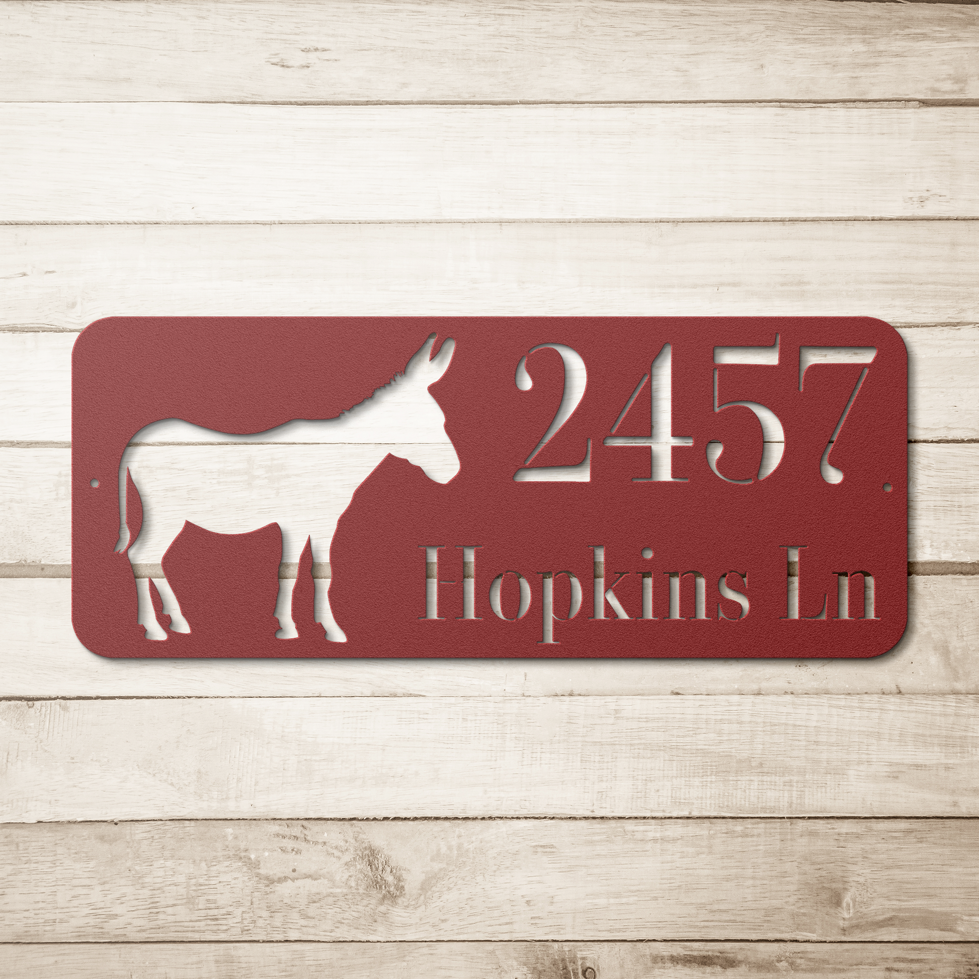 Donkey_Home_Address_Metal_Sign_Red_Simple_Wood_BKGD_Mockup.png