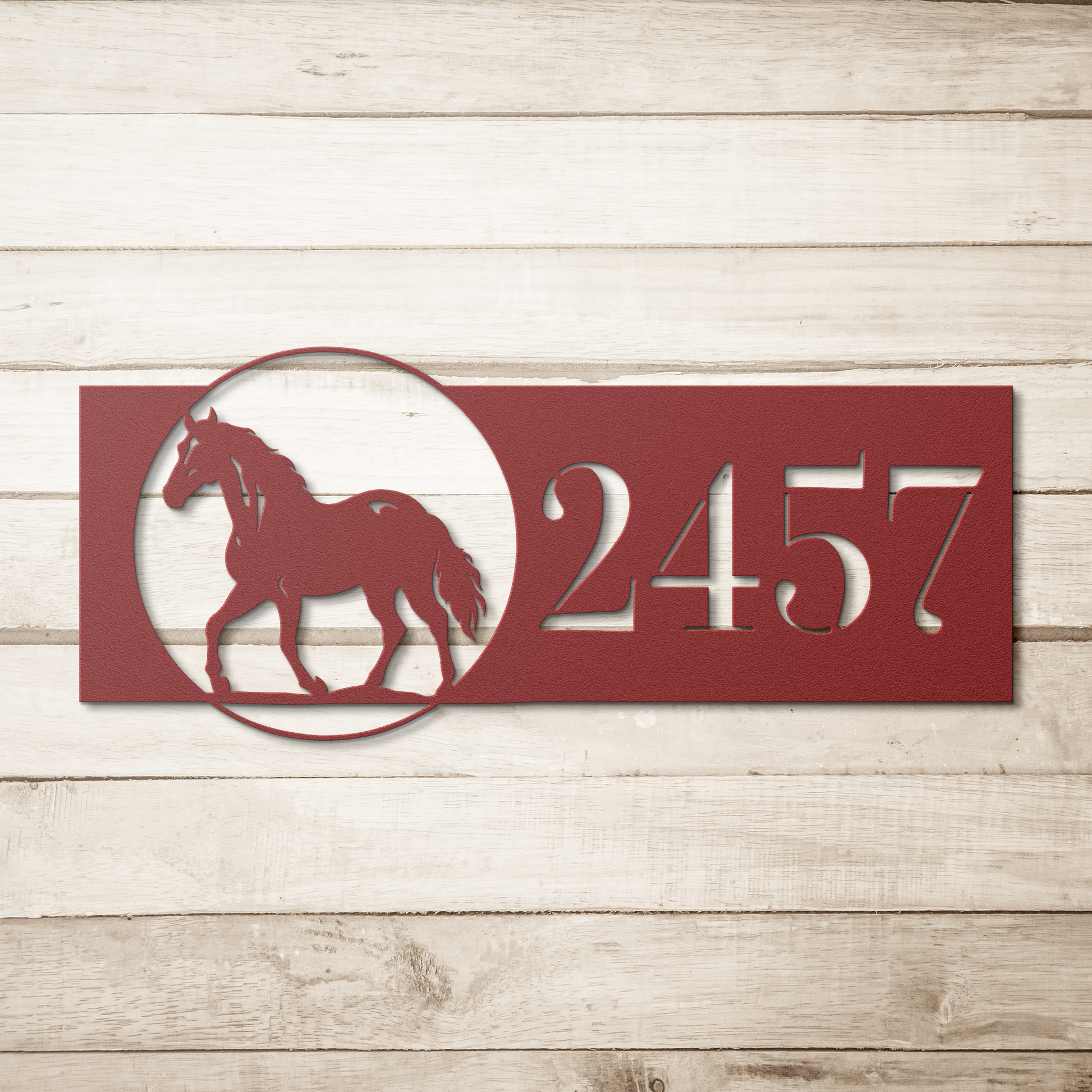 Horse_Address_Metal_Sign_Red_Simple_Wood_BKGD_Mockup.png