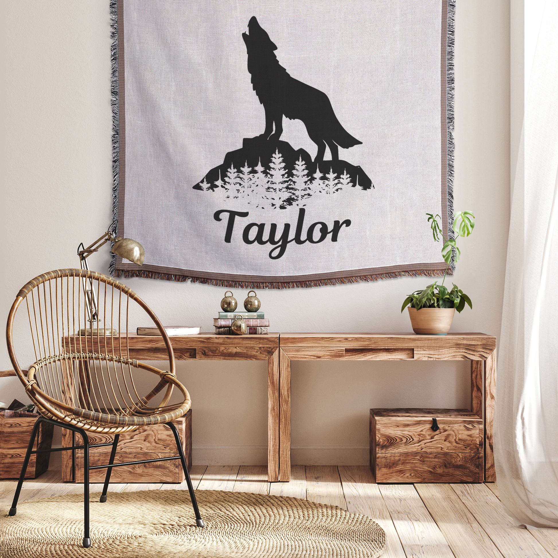 Wolf_Howling_Personalized_-_Woven_Blanke_Tapestry_H_Mockup.png